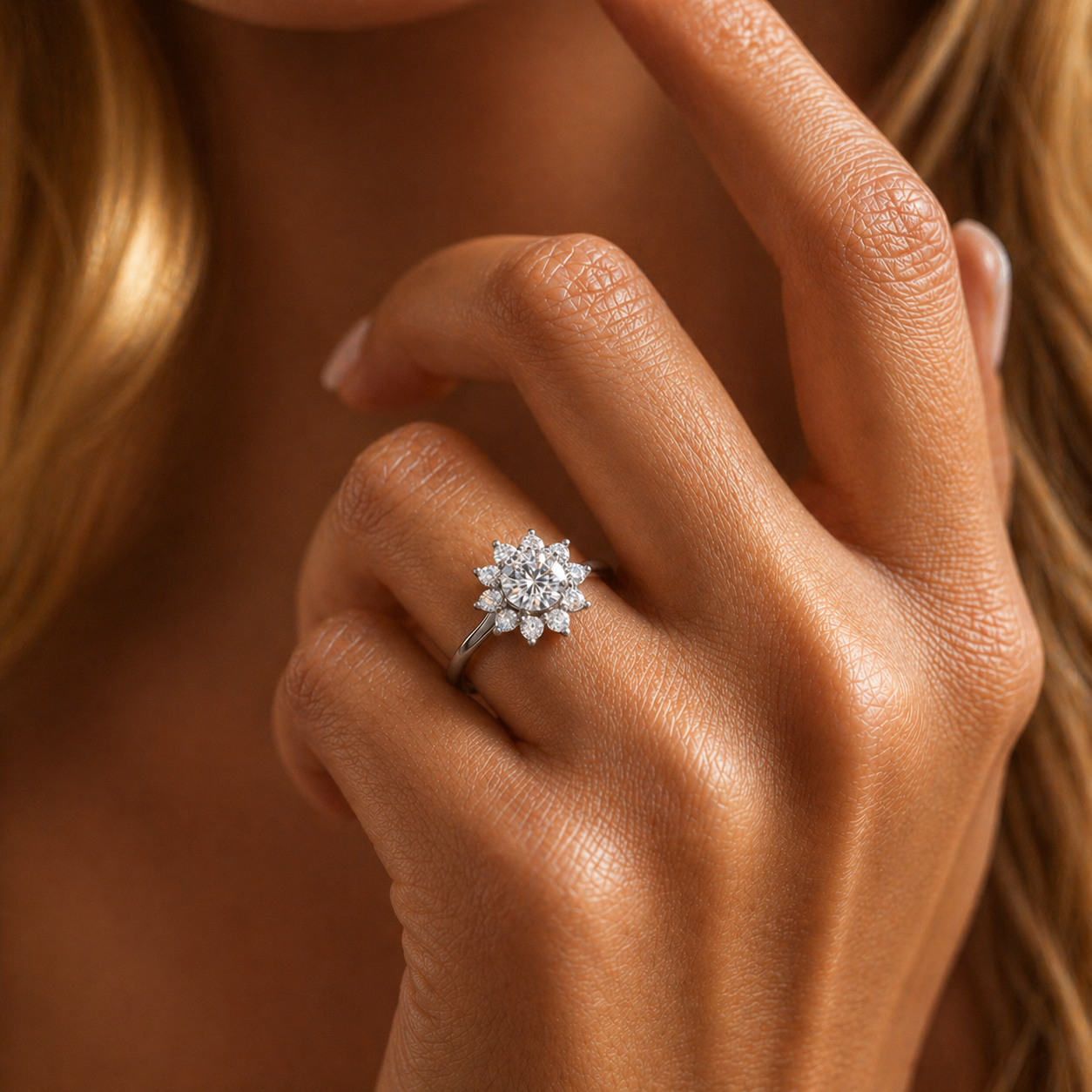 Round Cut Flower Halo Moissanite Ring