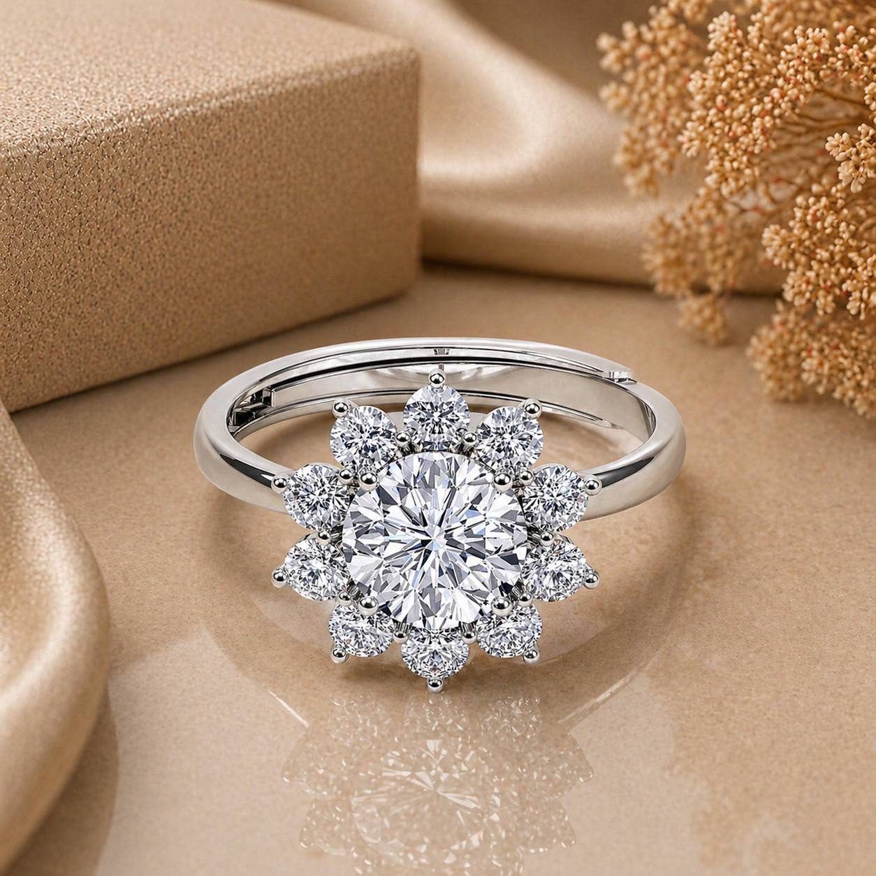 Round Cut Flower Halo Moissanite Ring