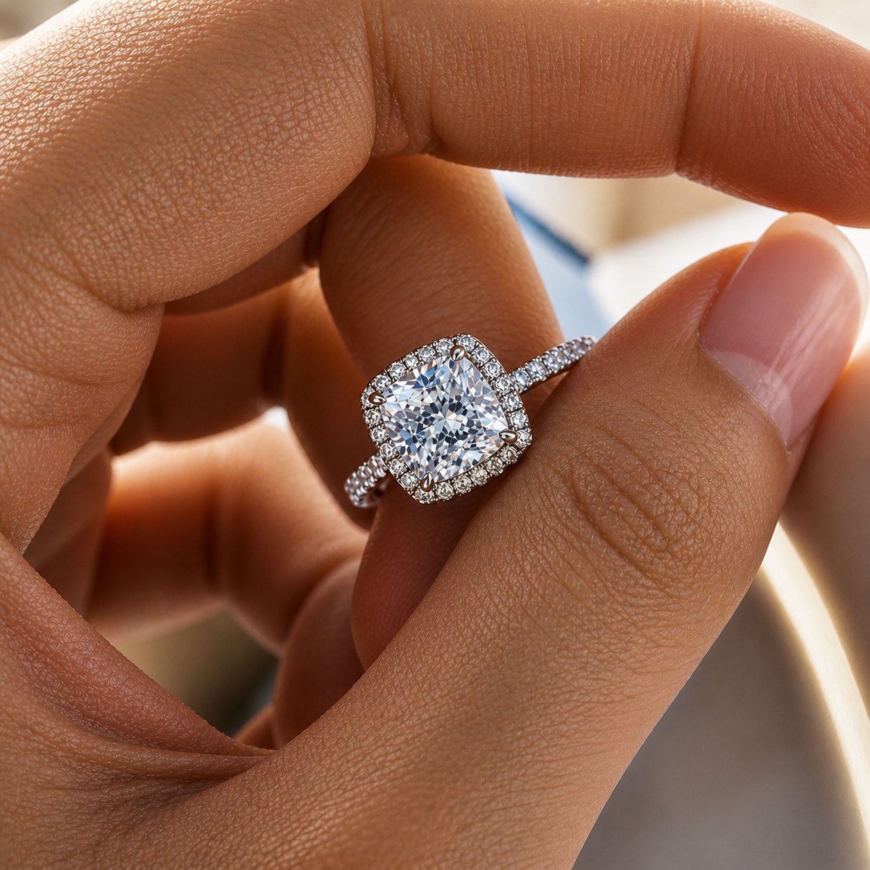 2 Carat Cushion Cut Halo Moissanite Ring
