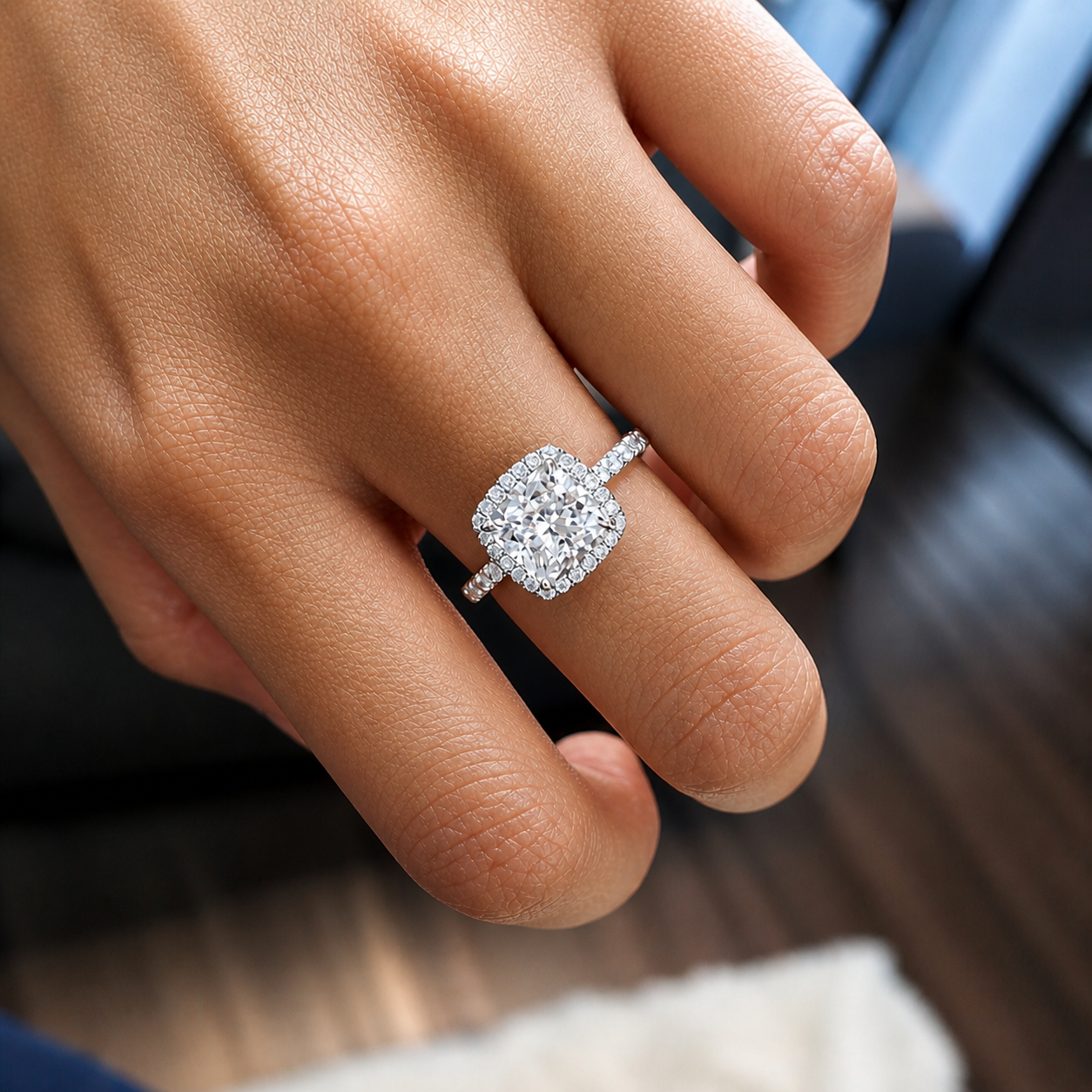 2 Carat Cushion Cut Halo Moissanite Ring