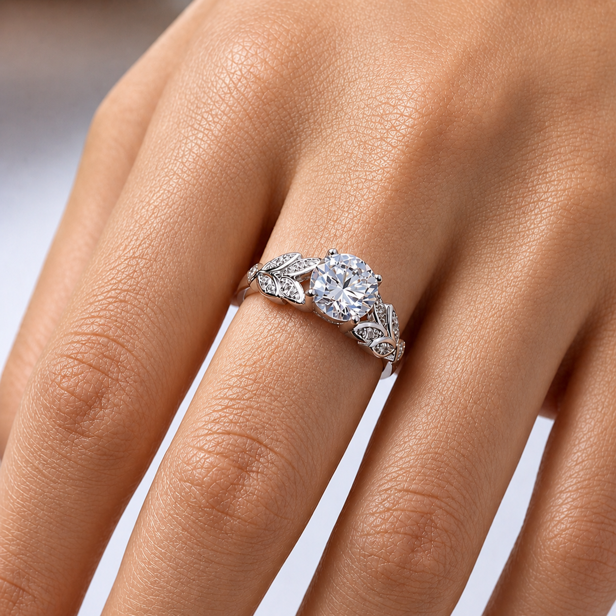 2 Carat Round Cut Leaf Moissanite Ring