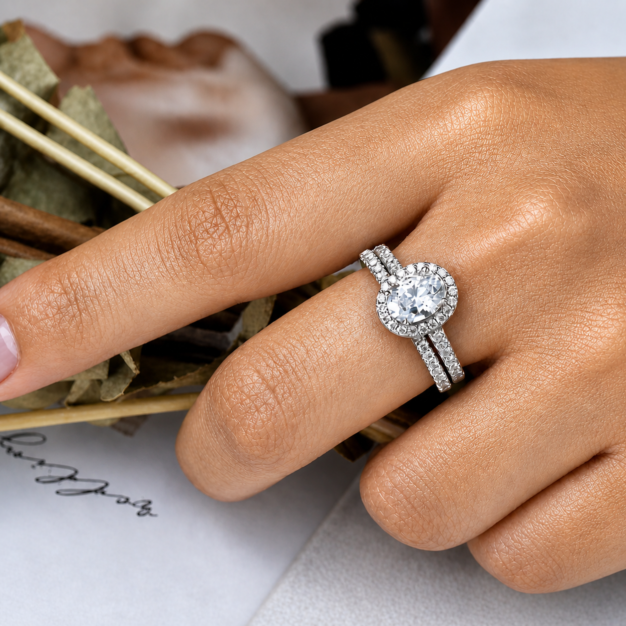 Oval Cut Halo Moissanite Ring Set