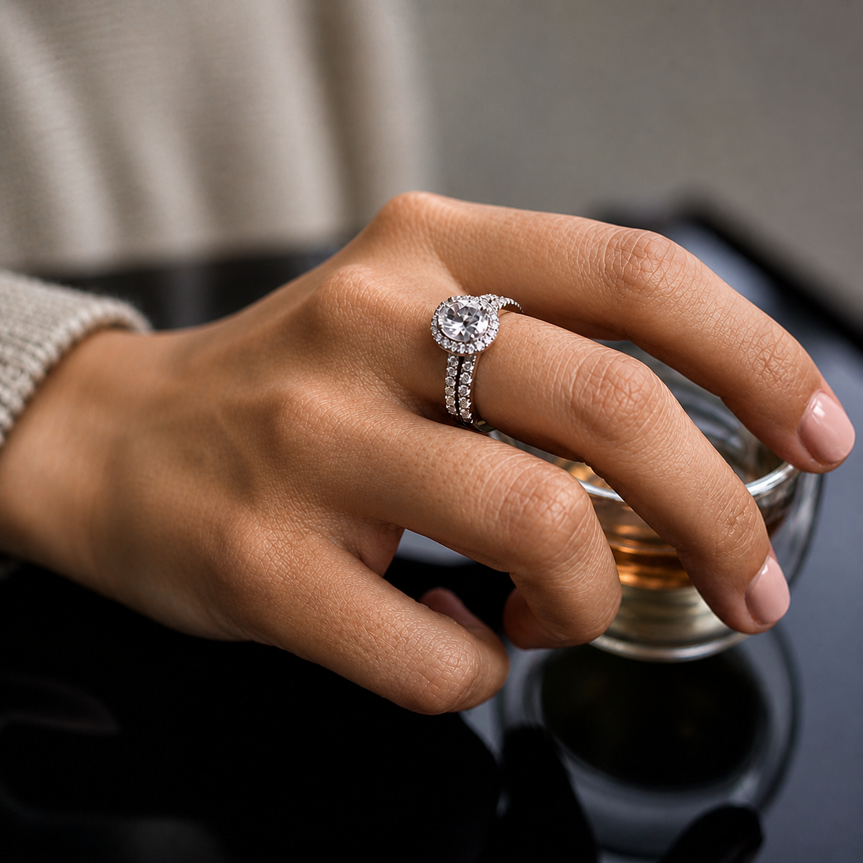 Oval Cut Halo Moissanite Ring Set