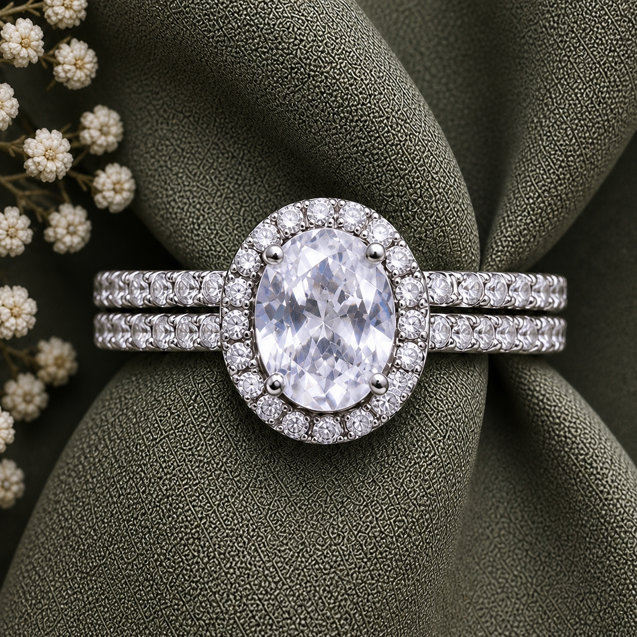 Oval Cut Halo Moissanite Ring Set