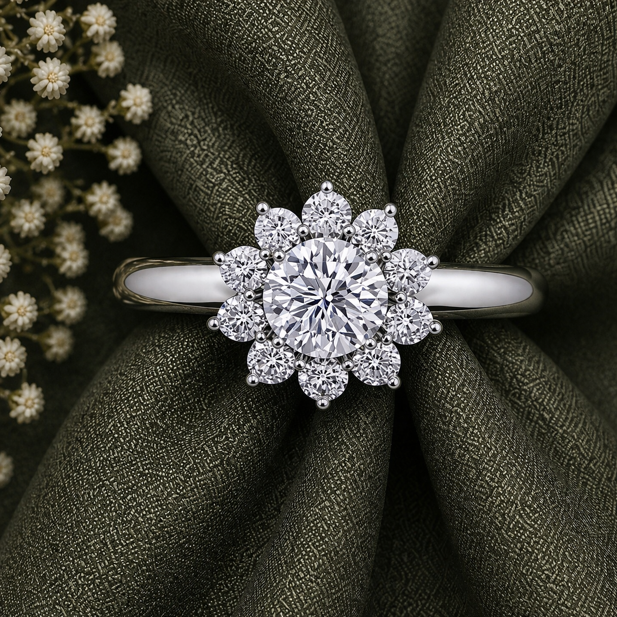 Round Cut Flower Halo Moissanite Ring