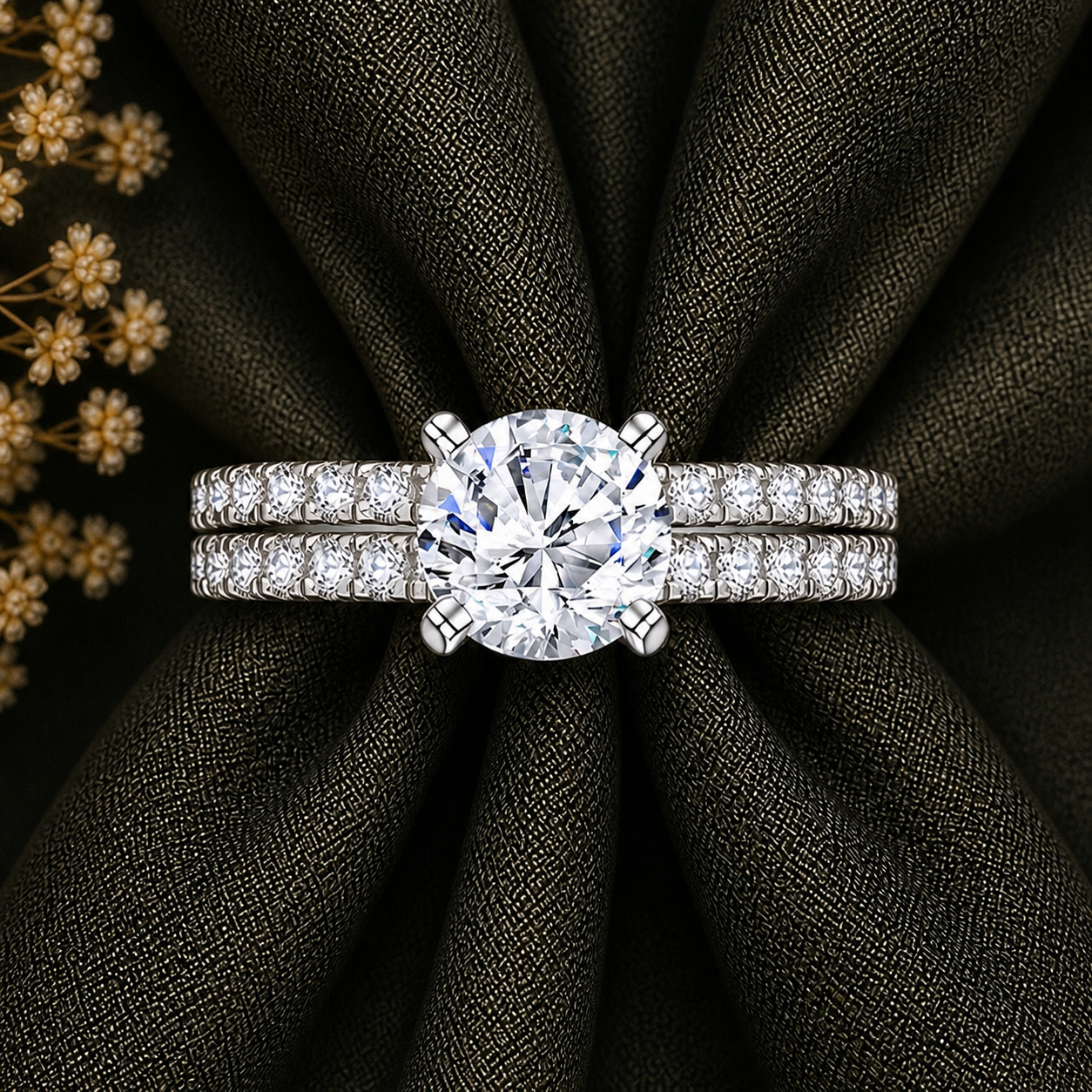 Round Cut Moissanite Ring Set with Pavé Band