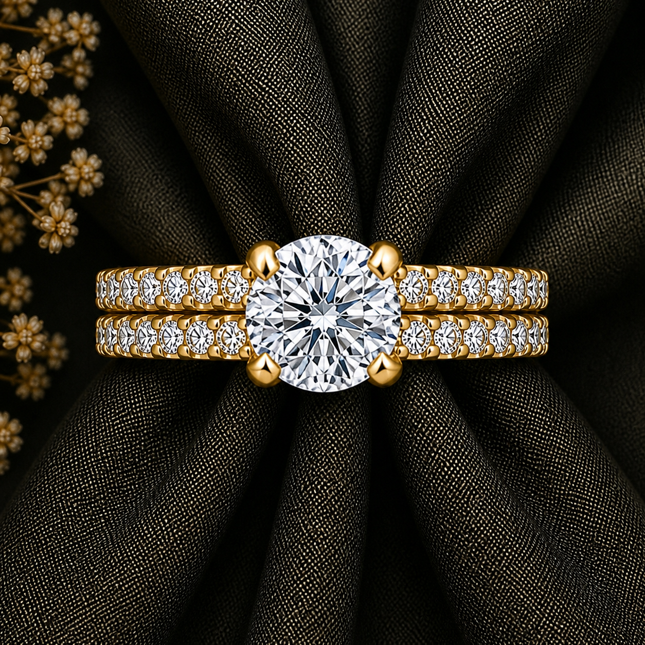 Round Cut Moissanite Ring Set with Pavé Band