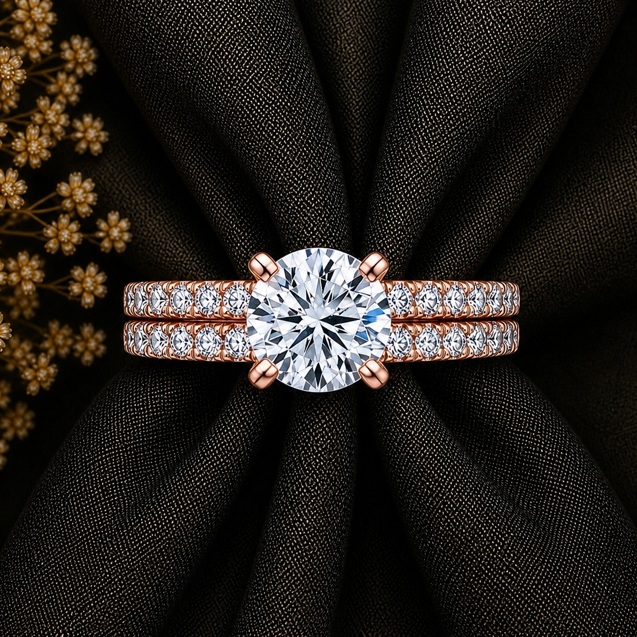 Round Cut Moissanite Ring Set with Pavé Band