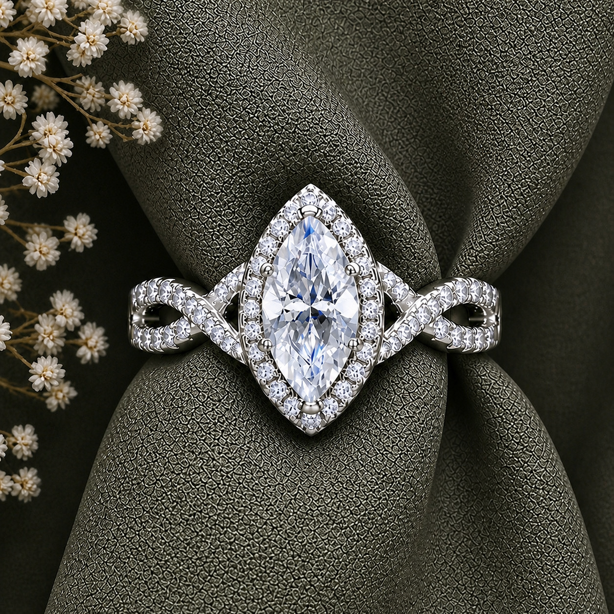 Twisted Marquise Cut Halo Moissanite Ring