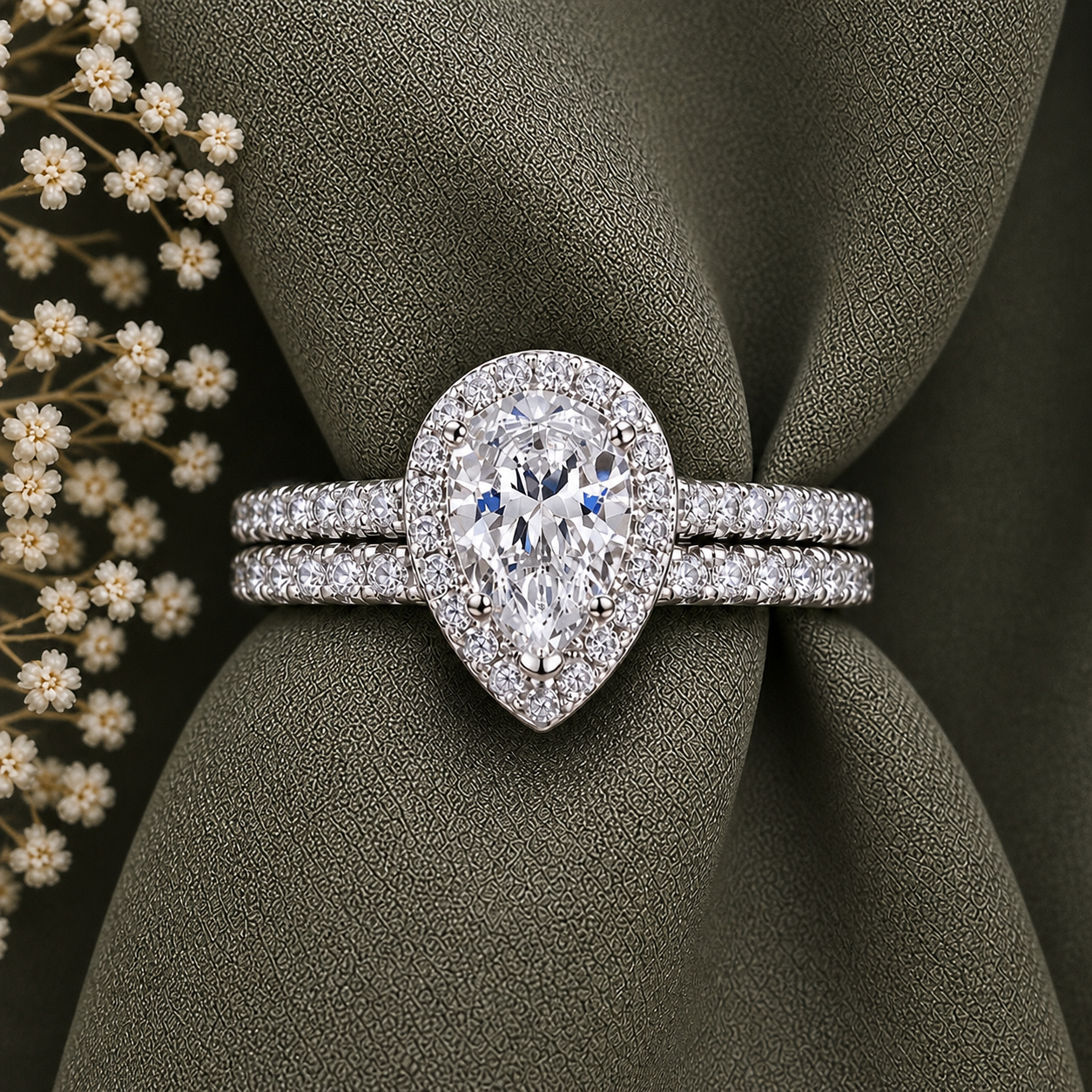 Pear Cut Halo Moissanite Ring Set