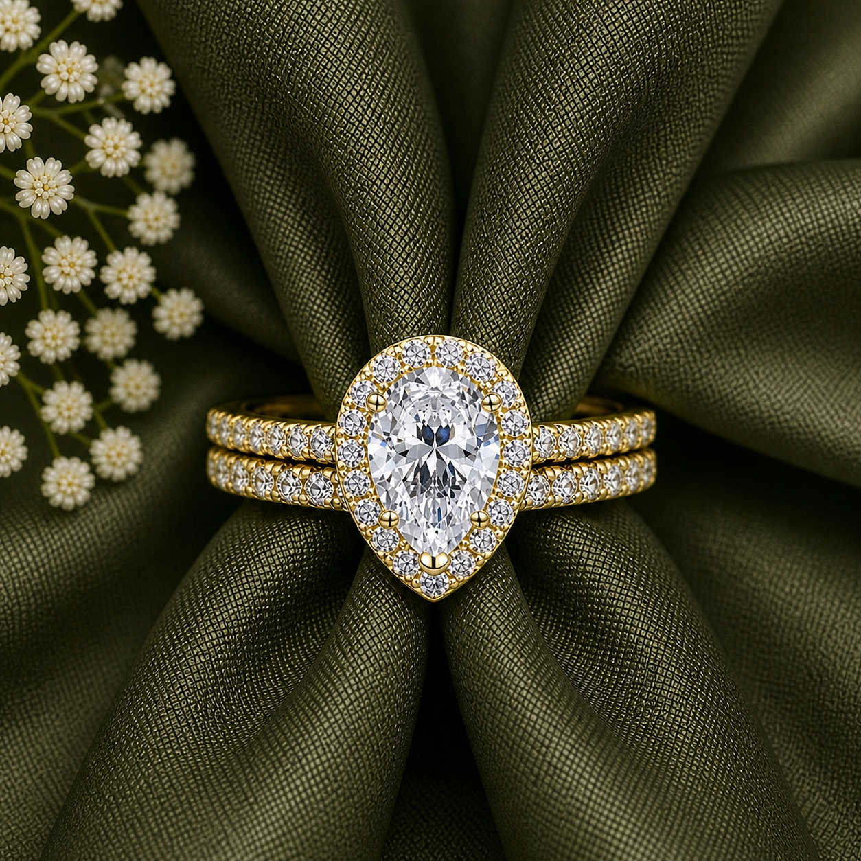 Pear Cut Halo Moissanite Ring Set