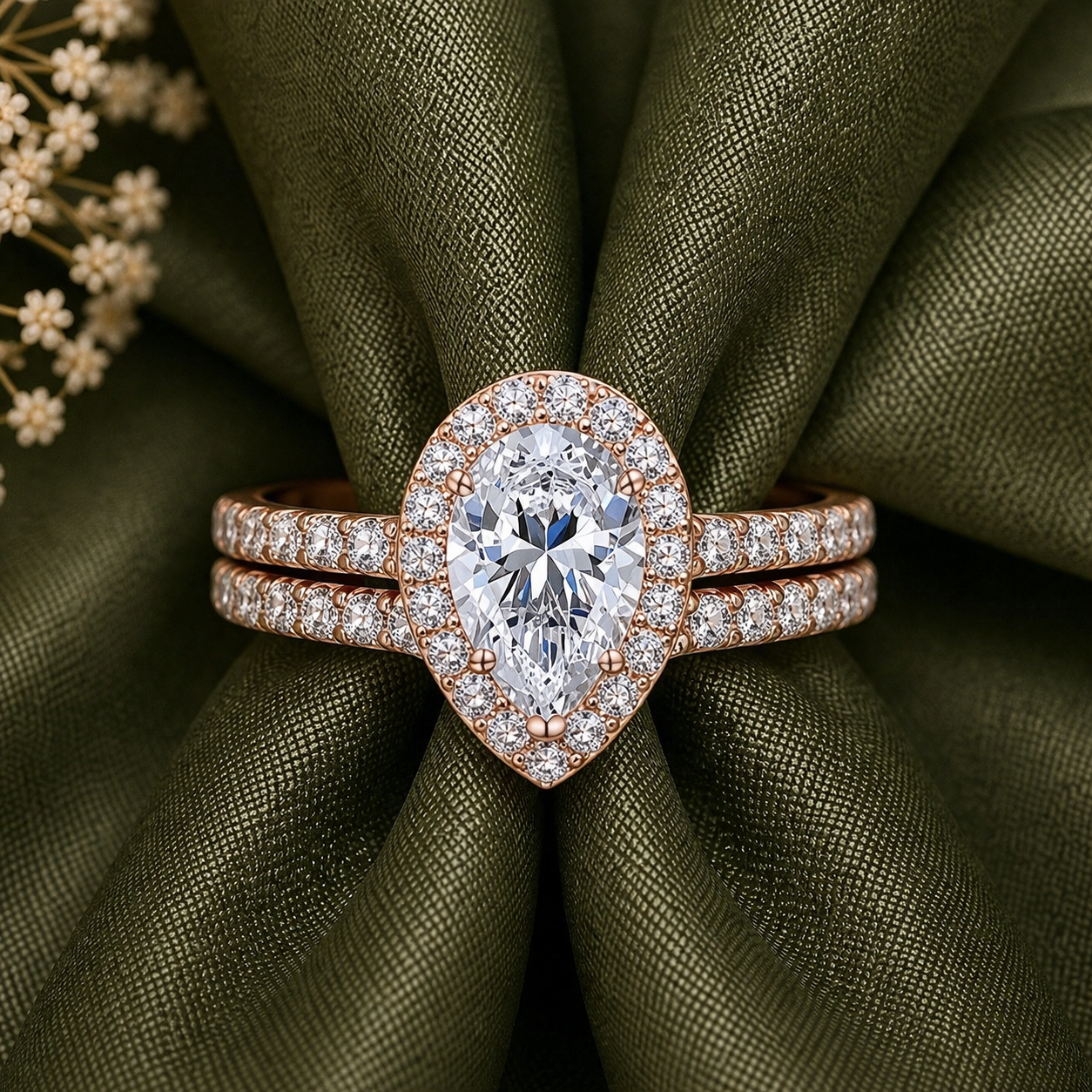 Pear Cut Halo Moissanite Ring Set