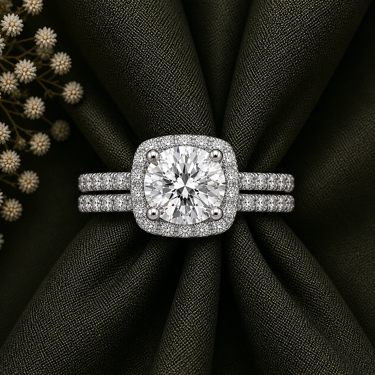 Round Cut Halo Moissanite Ring Set