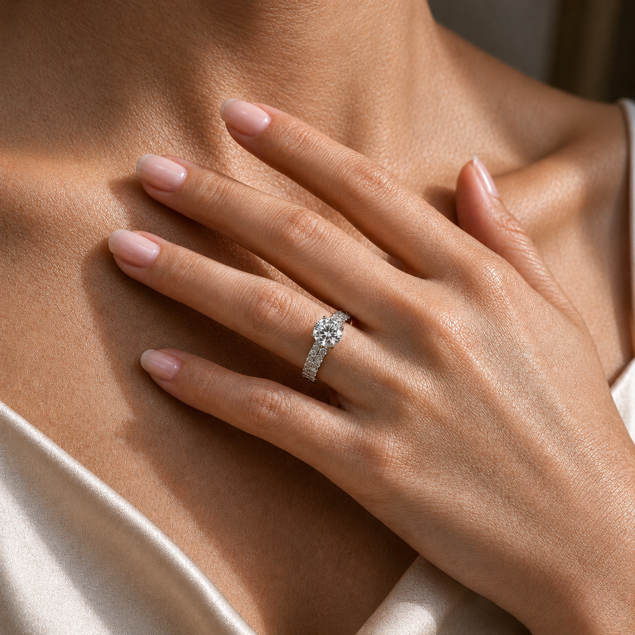 Round Cut Moissanite Ring Set with Pavé Band