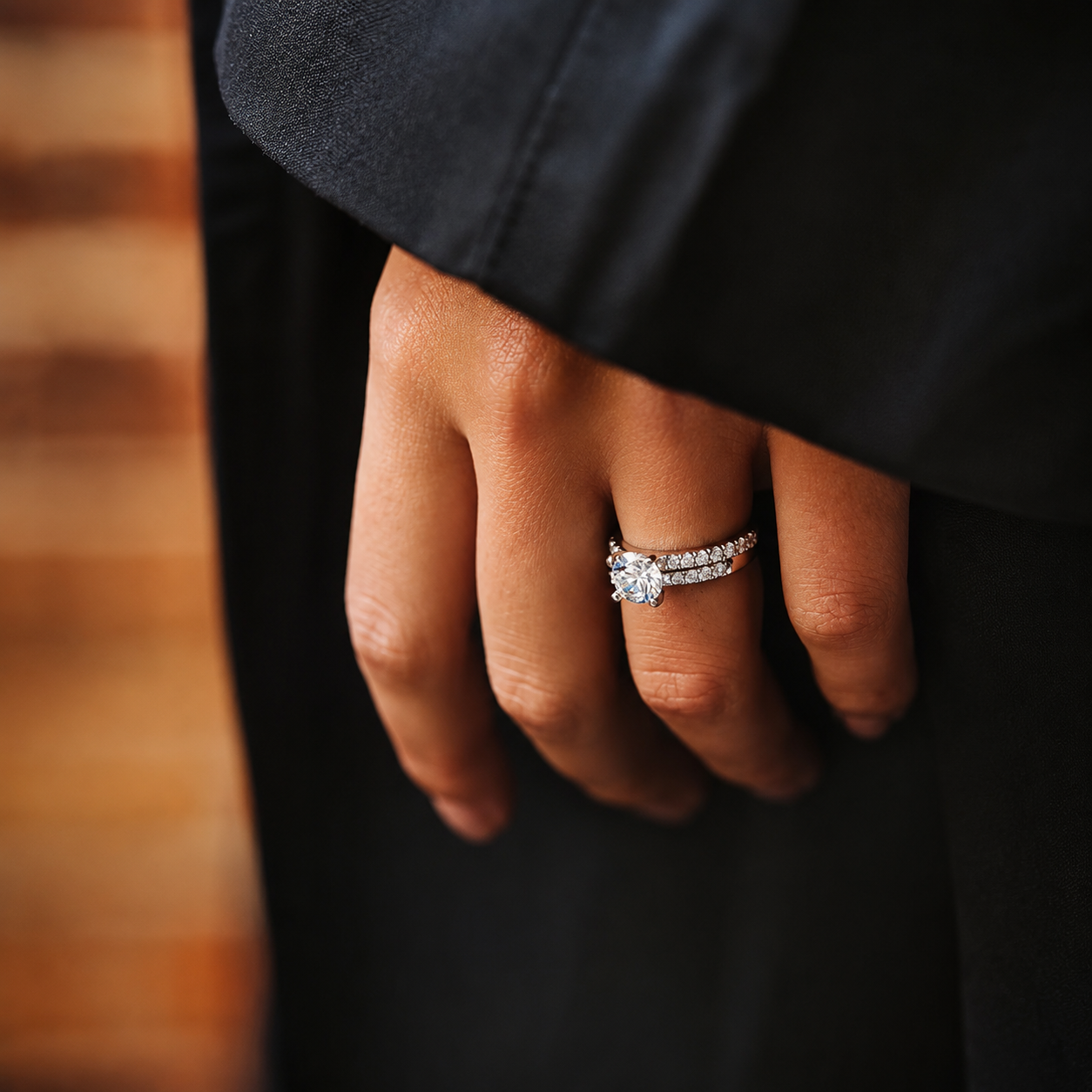 Round Cut Moissanite Ring Set with Pavé Band