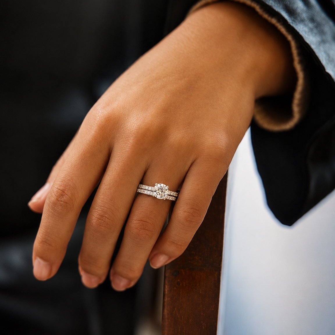 Round Cut Moissanite Ring Set with Pavé Band