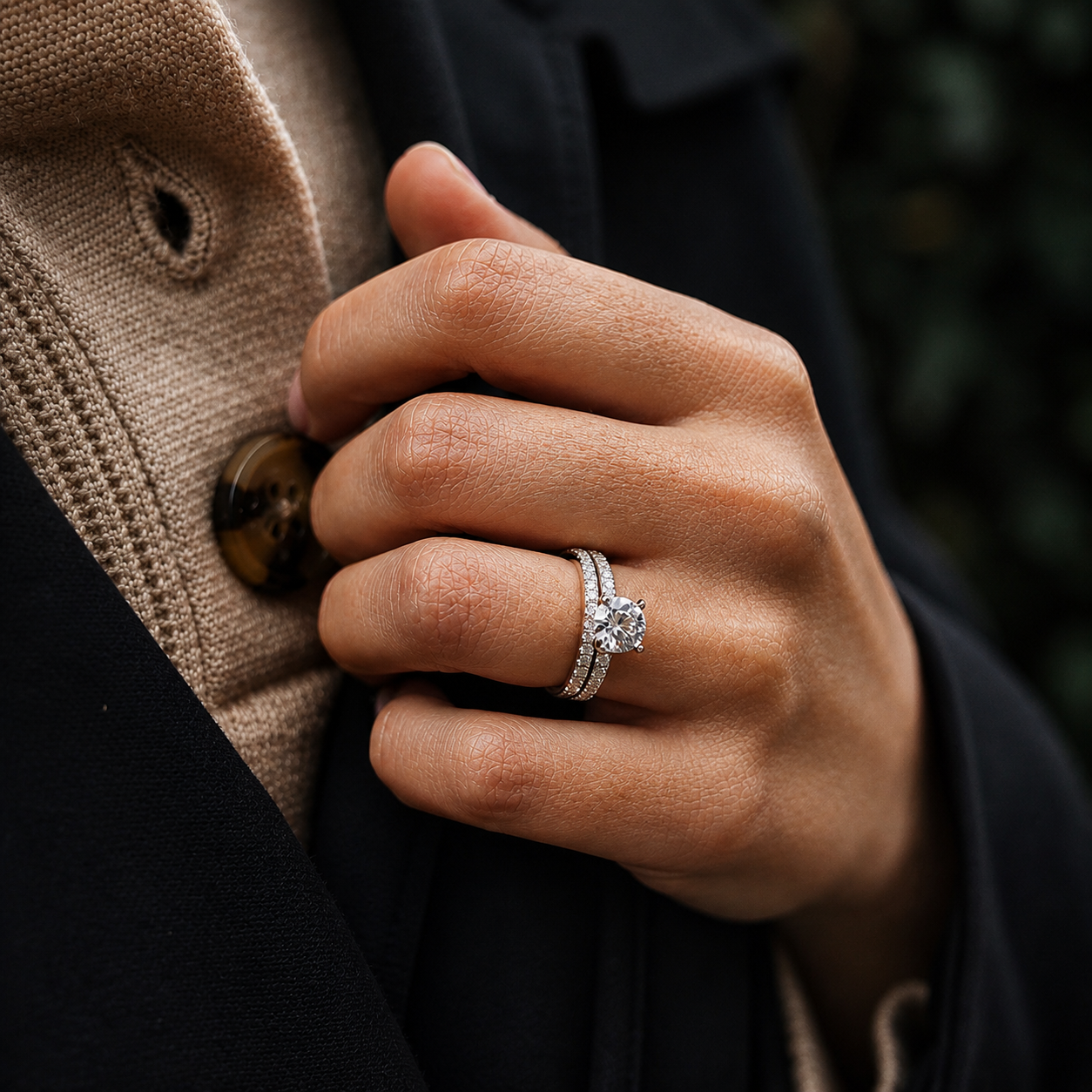 Round Cut Moissanite Ring Set with Pavé Band
