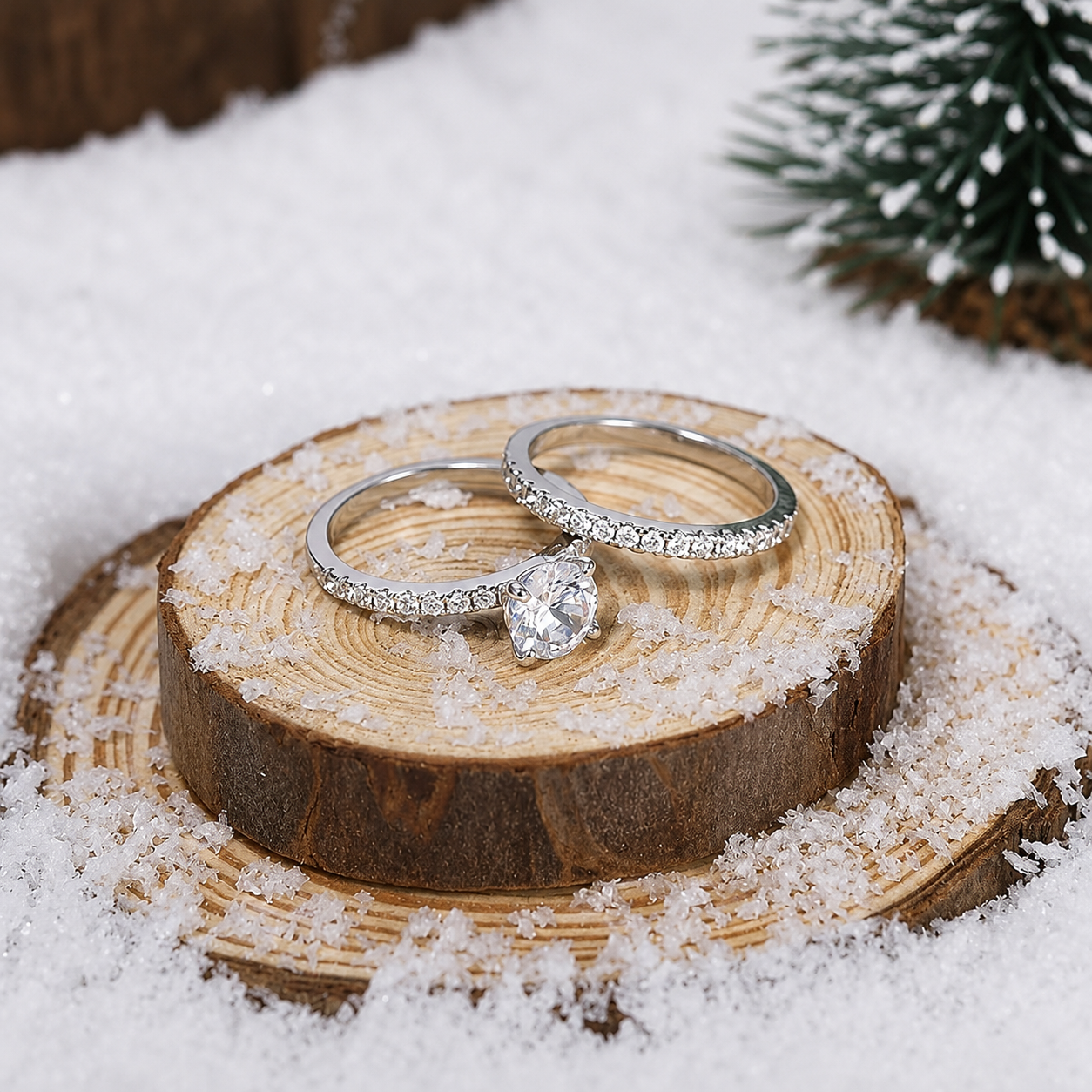 Round Cut Moissanite Ring Set with Pavé Band