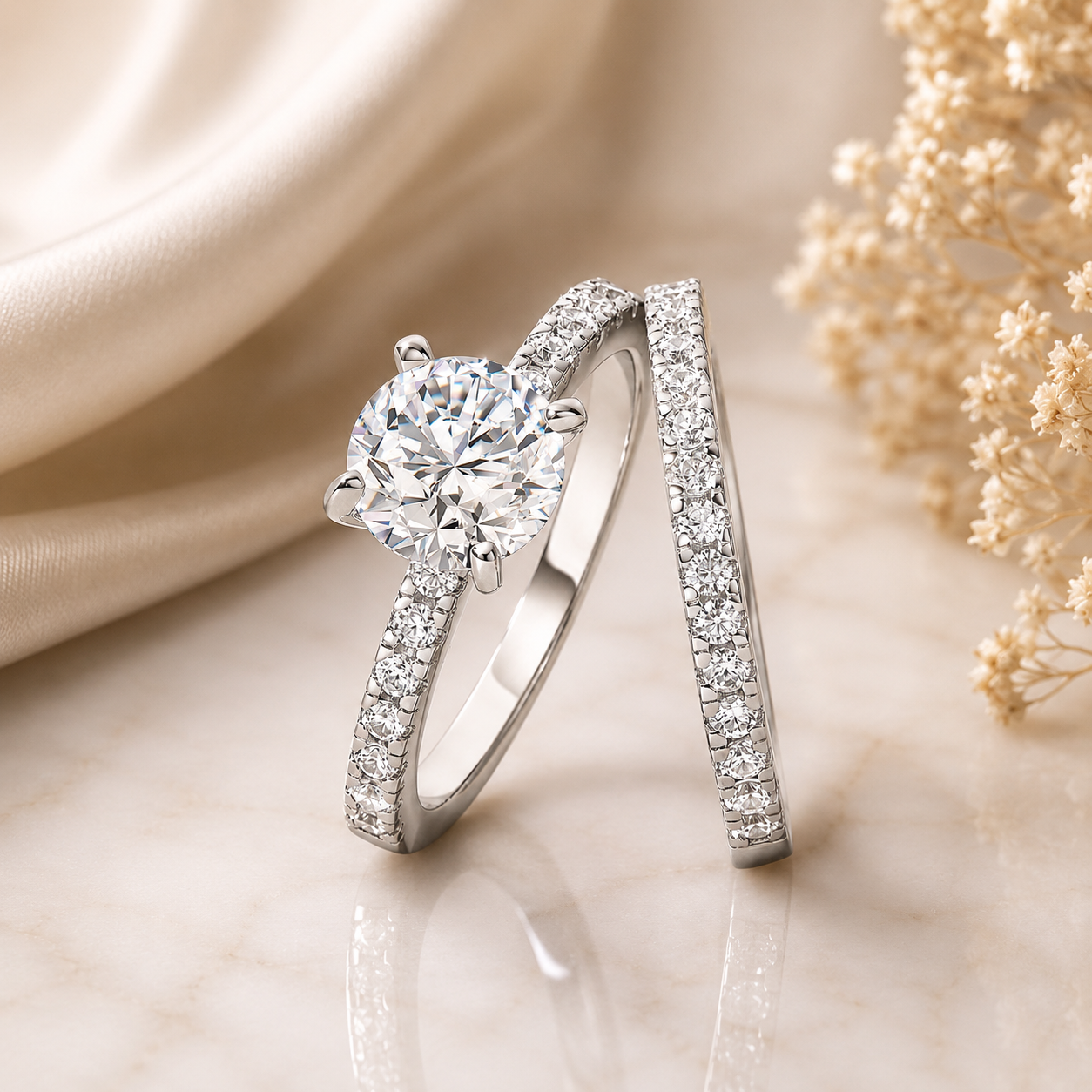 Round Cut Moissanite Ring Set with Pavé Band
