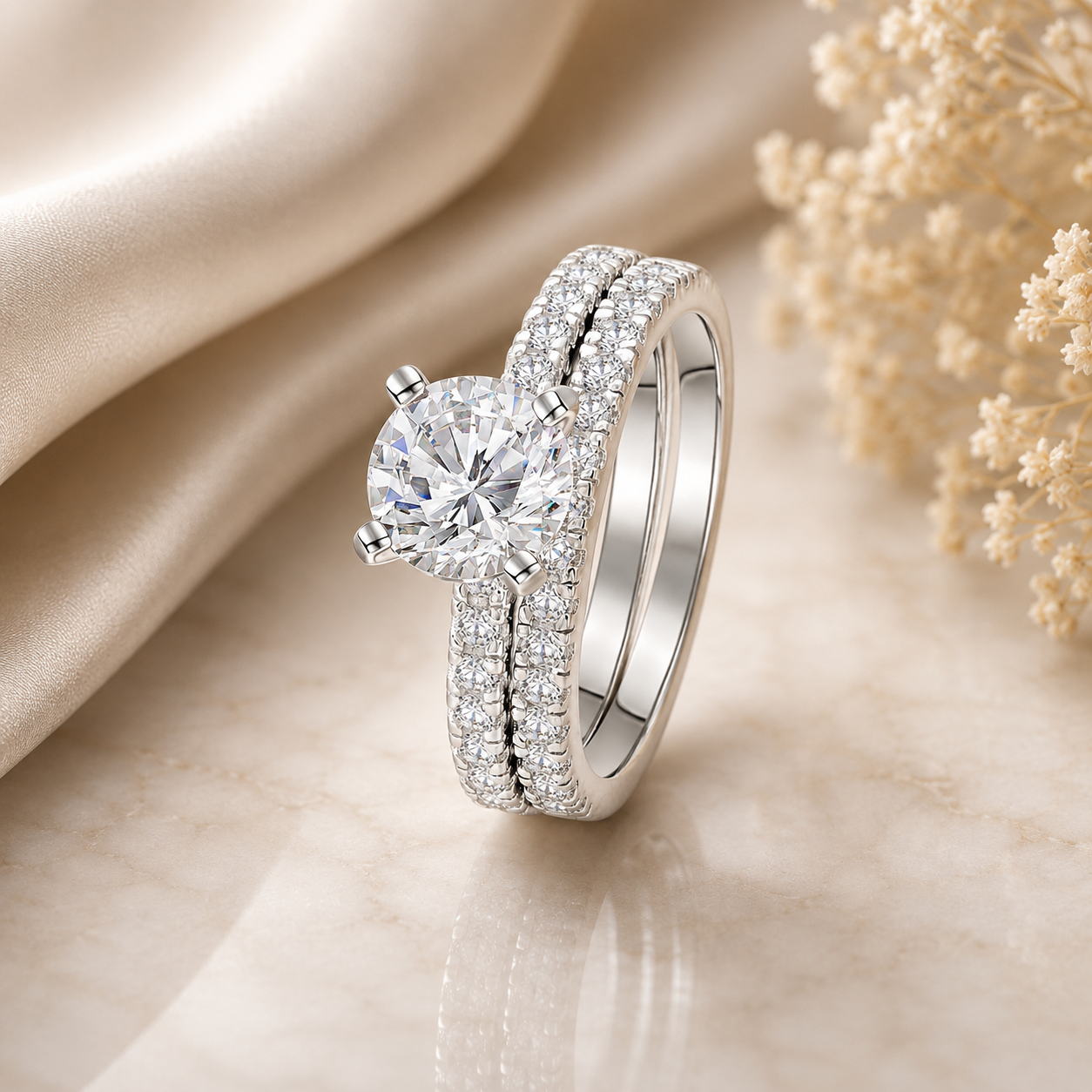 Round Cut Moissanite Ring Set with Pavé Band