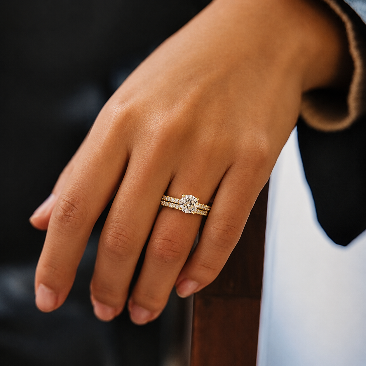 Round Cut Moissanite Ring Set with Pavé Band