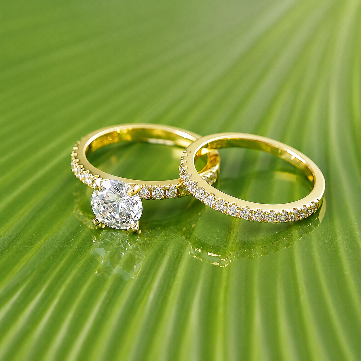 Round Cut Moissanite Ring Set with Pavé Band
