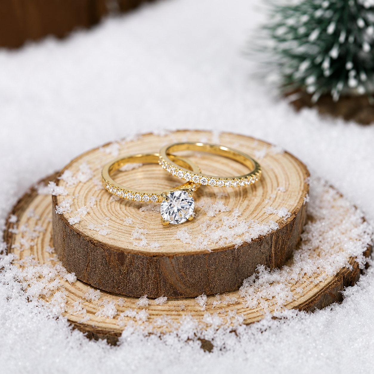 Round Cut Moissanite Ring Set with Pavé Band