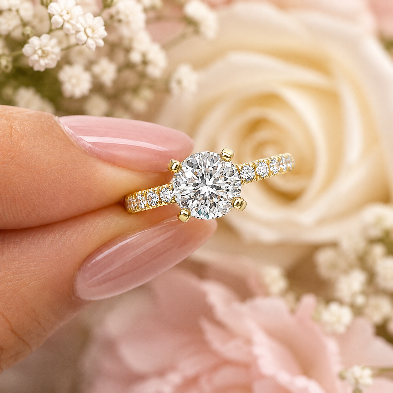 Round Cut Moissanite Ring Set with Pavé Band