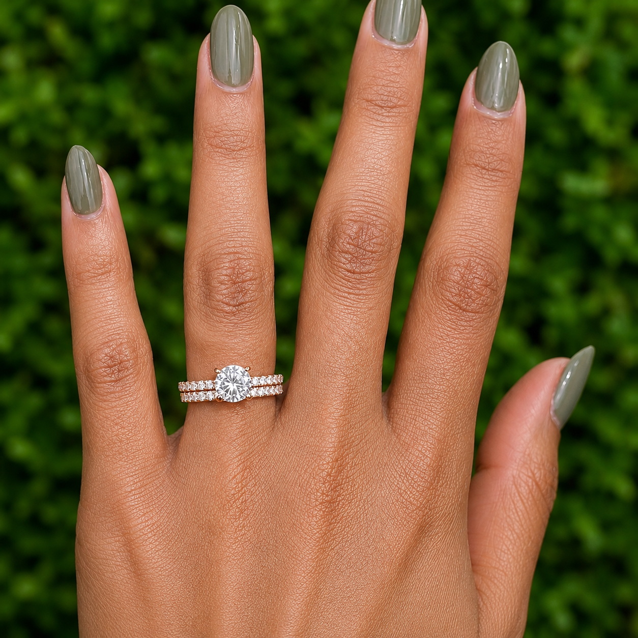 Round Cut Moissanite Ring Set with Pavé Band