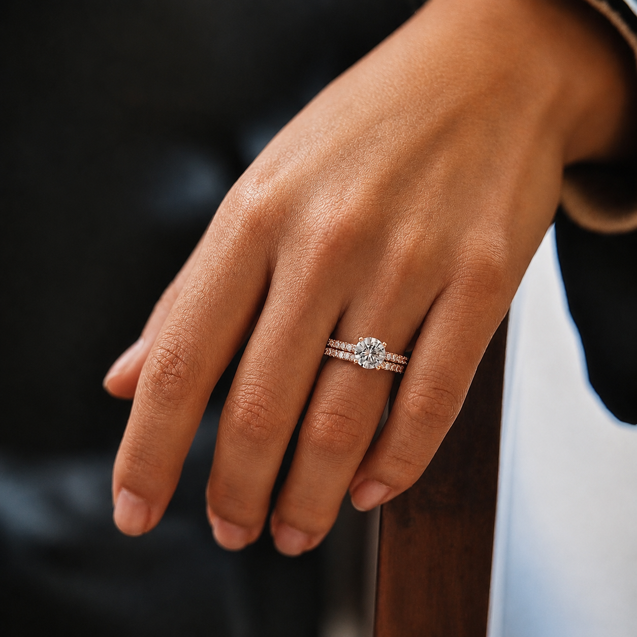 Round Cut Moissanite Ring Set with Pavé Band