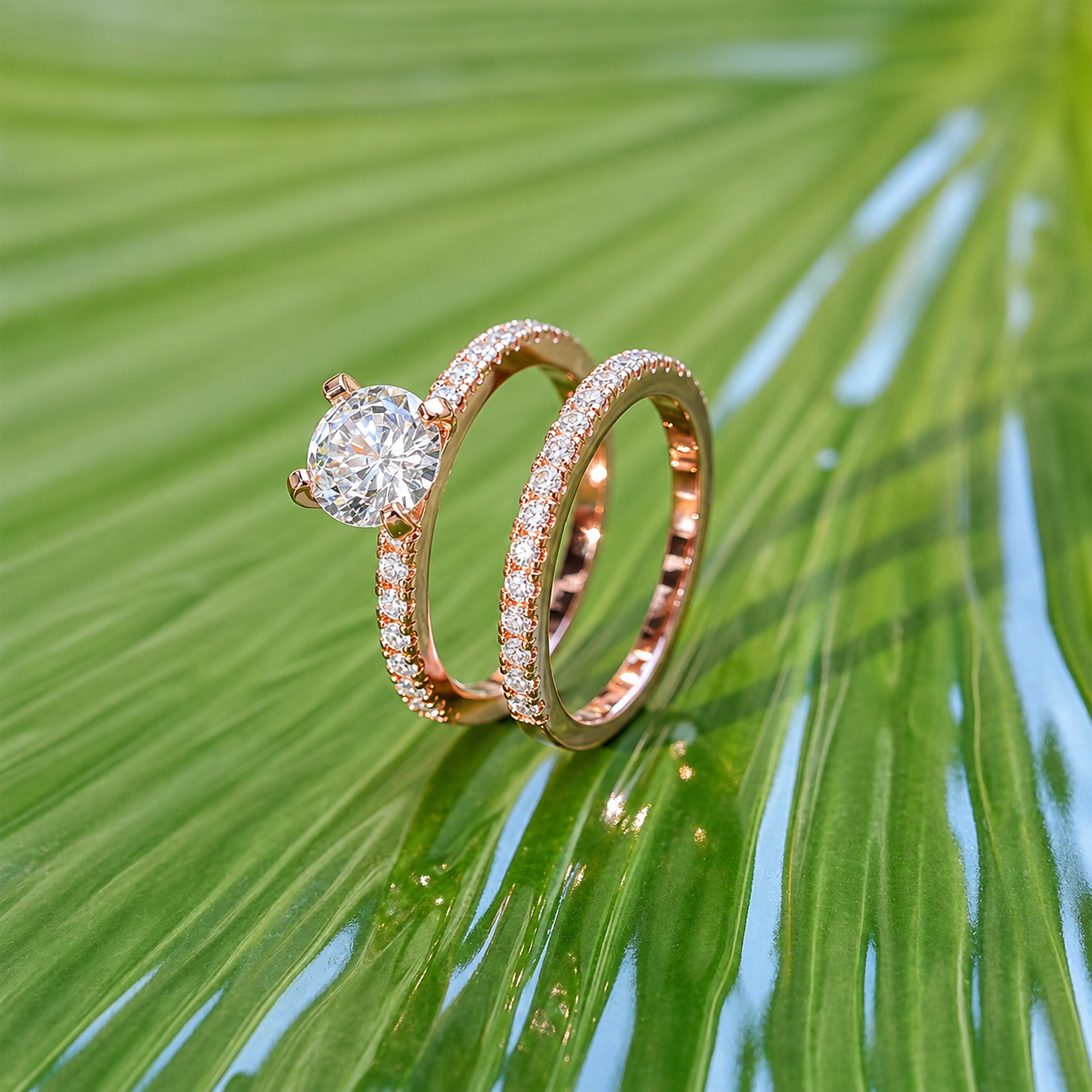 Round Cut Moissanite Ring Set with Pavé Band