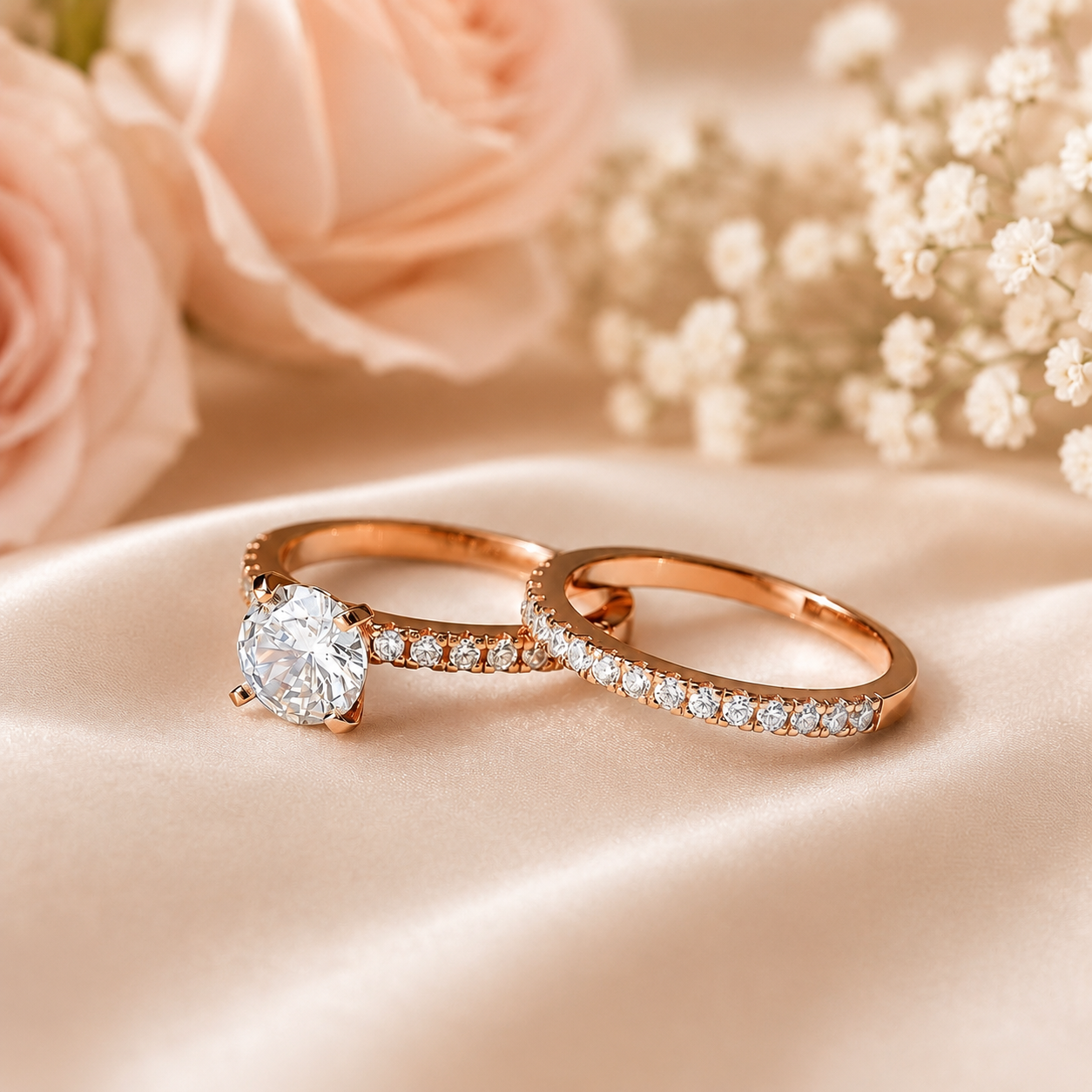 Round Cut Moissanite Ring Set with Pavé Band