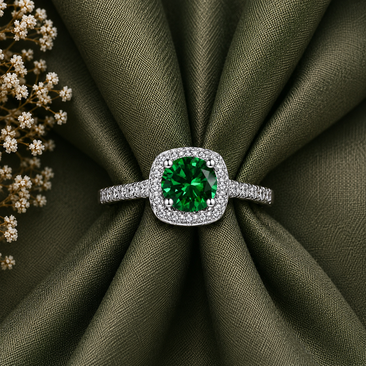 1.5 Carat Simulated Emerald Round Cut Halo Engagement Ring