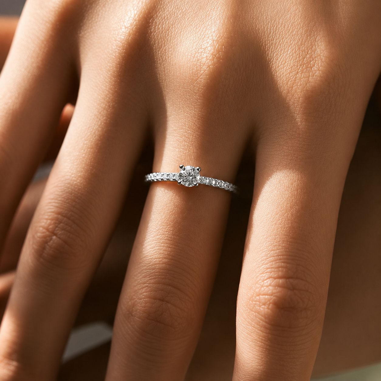 Petite Round Cut Moissanite Ring with Pavé Band
