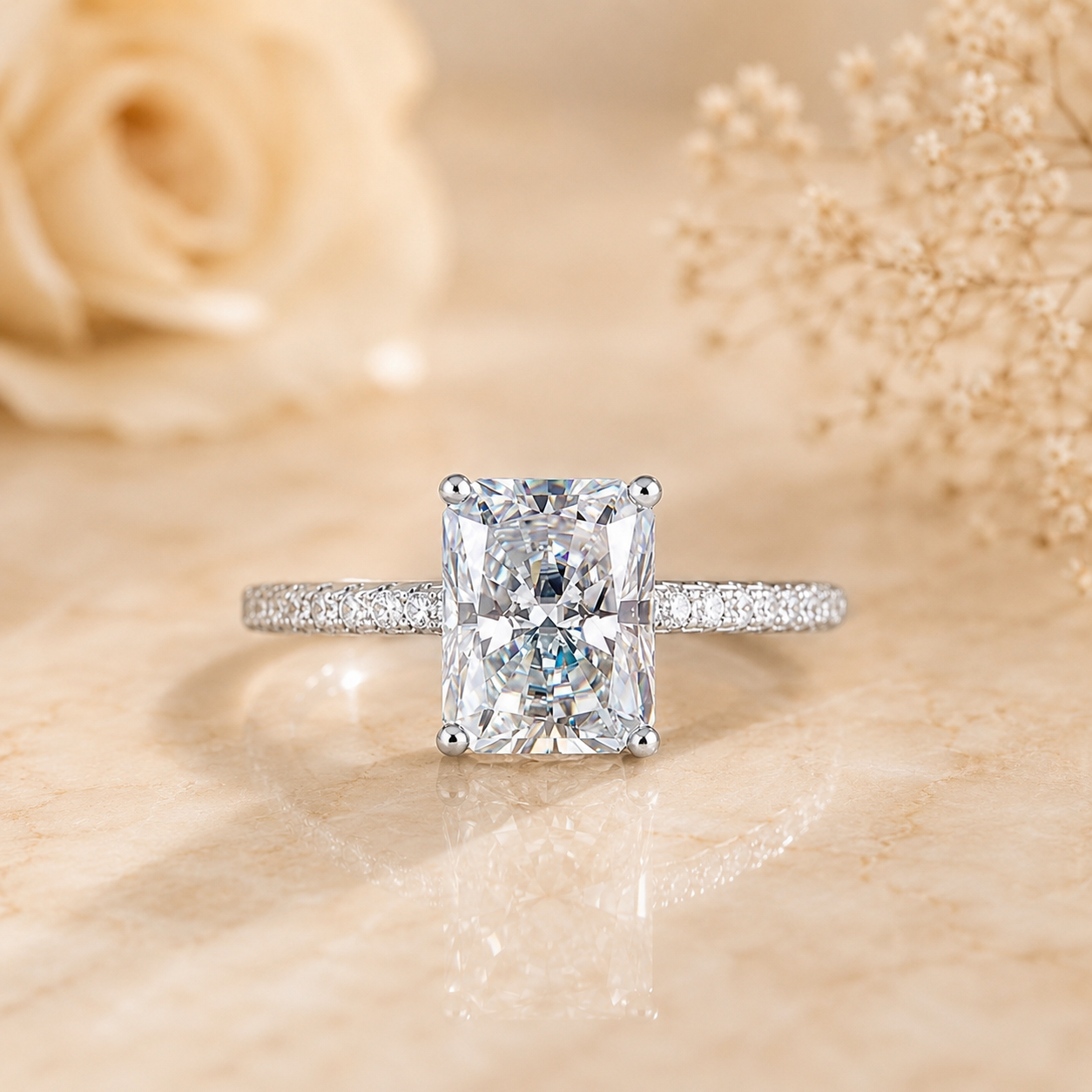 4 Carat Radiant Cut Moissanite Ring with Pavé Band