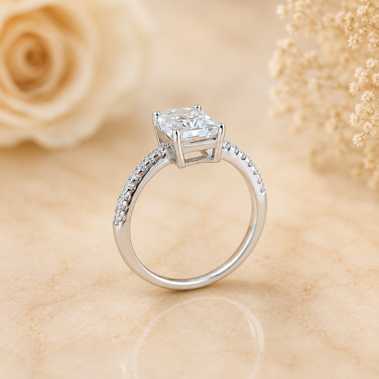 4 Carat Radiant Cut Moissanite Ring with Pavé Band