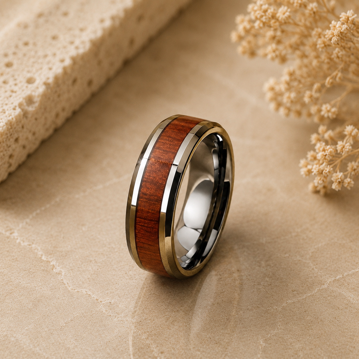 Stainless Steel Wood Grain Mosaic Ring