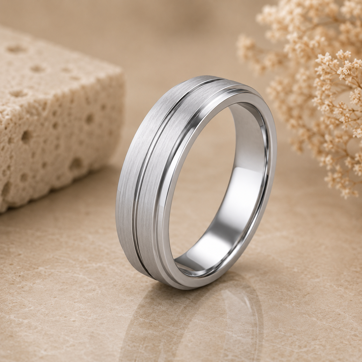 Men’s Brushed Raised-Center Grooved Wedding Ring