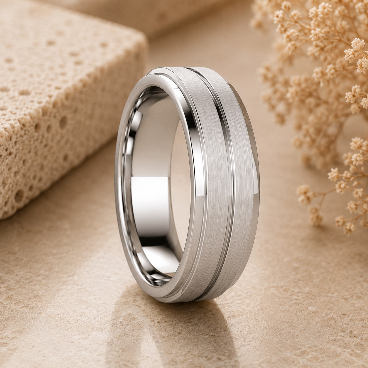 Men’s Brushed Raised-Center Grooved Wedding Ring