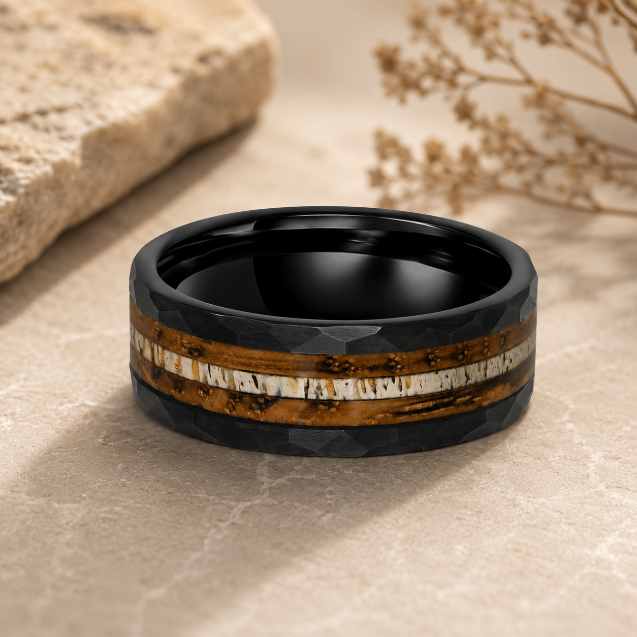 Hammered Tungsten Antler Wedding Ring