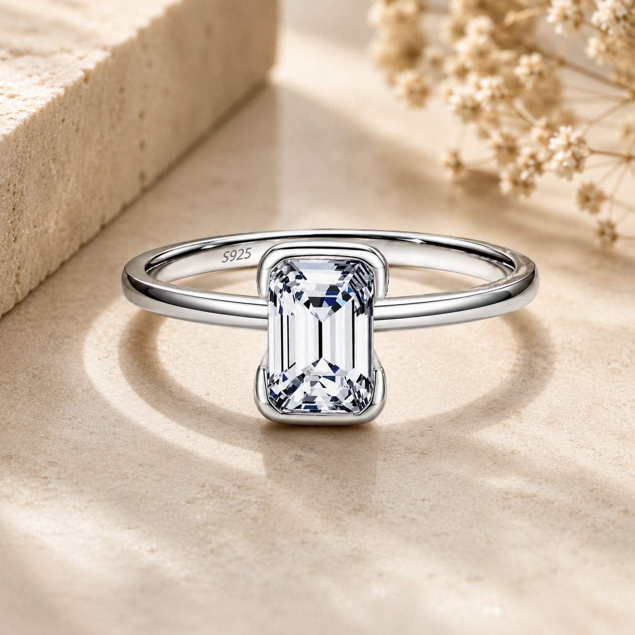 Petite Emerald Cut Solitaire Moissanite Ring