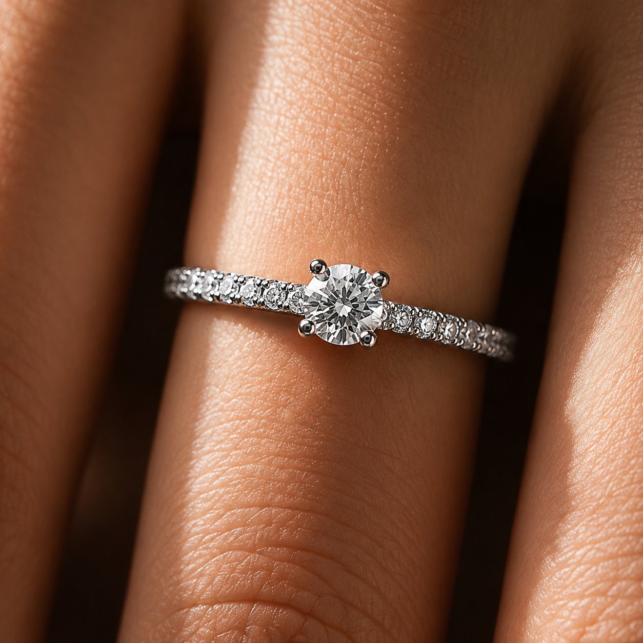 Petite Round Cut Moissanite Ring with Pavé Band