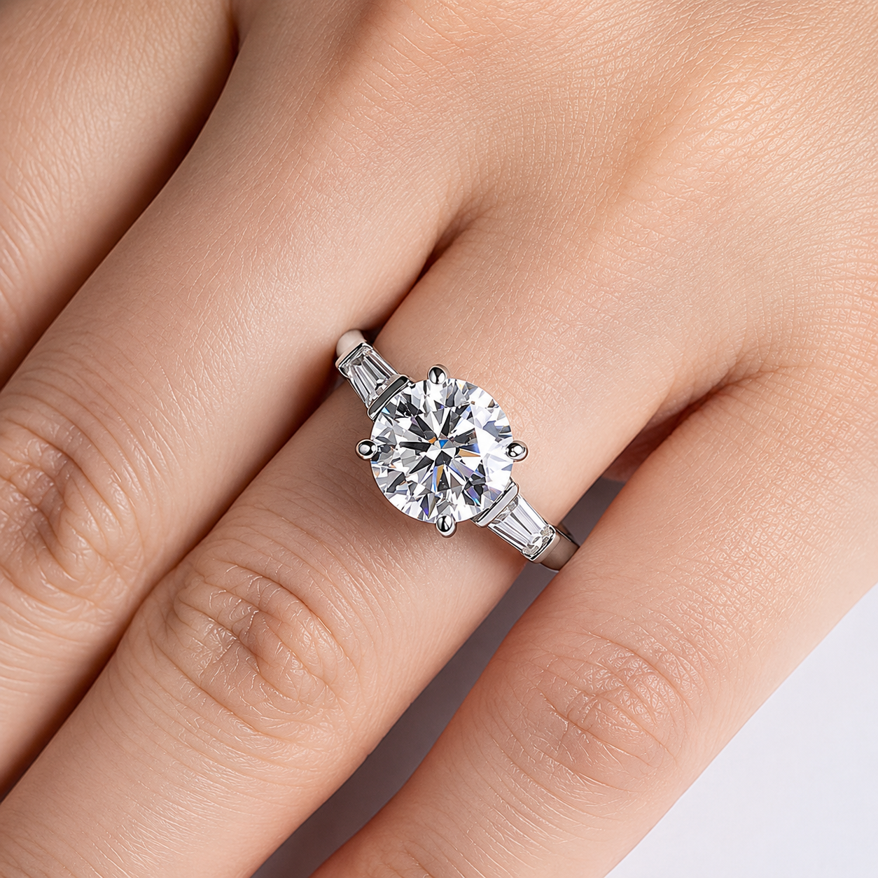 Round Cut Moissanite Ring with Tapered Baguette Side Stones