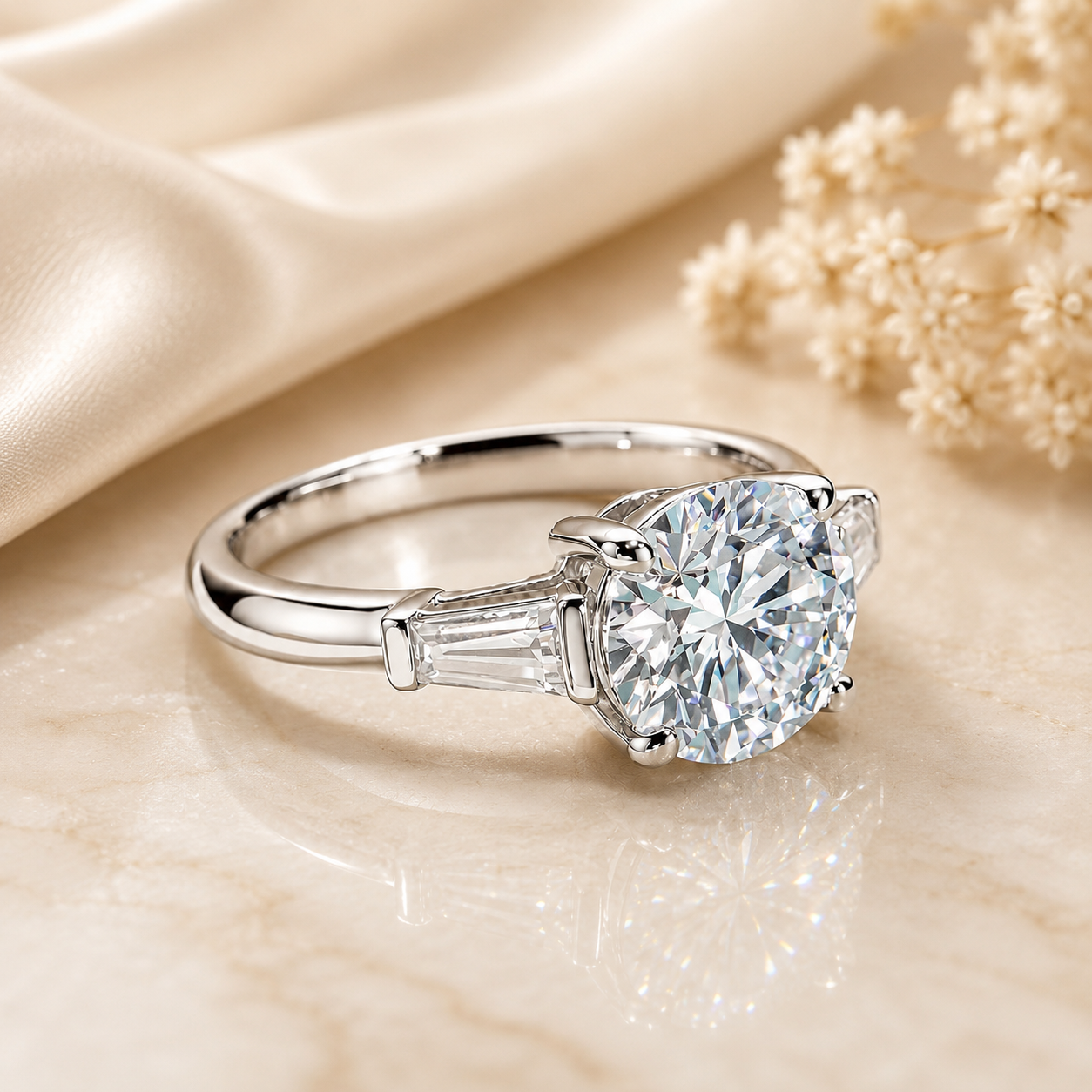 Round Cut Moissanite Ring with Tapered Baguette Side Stones