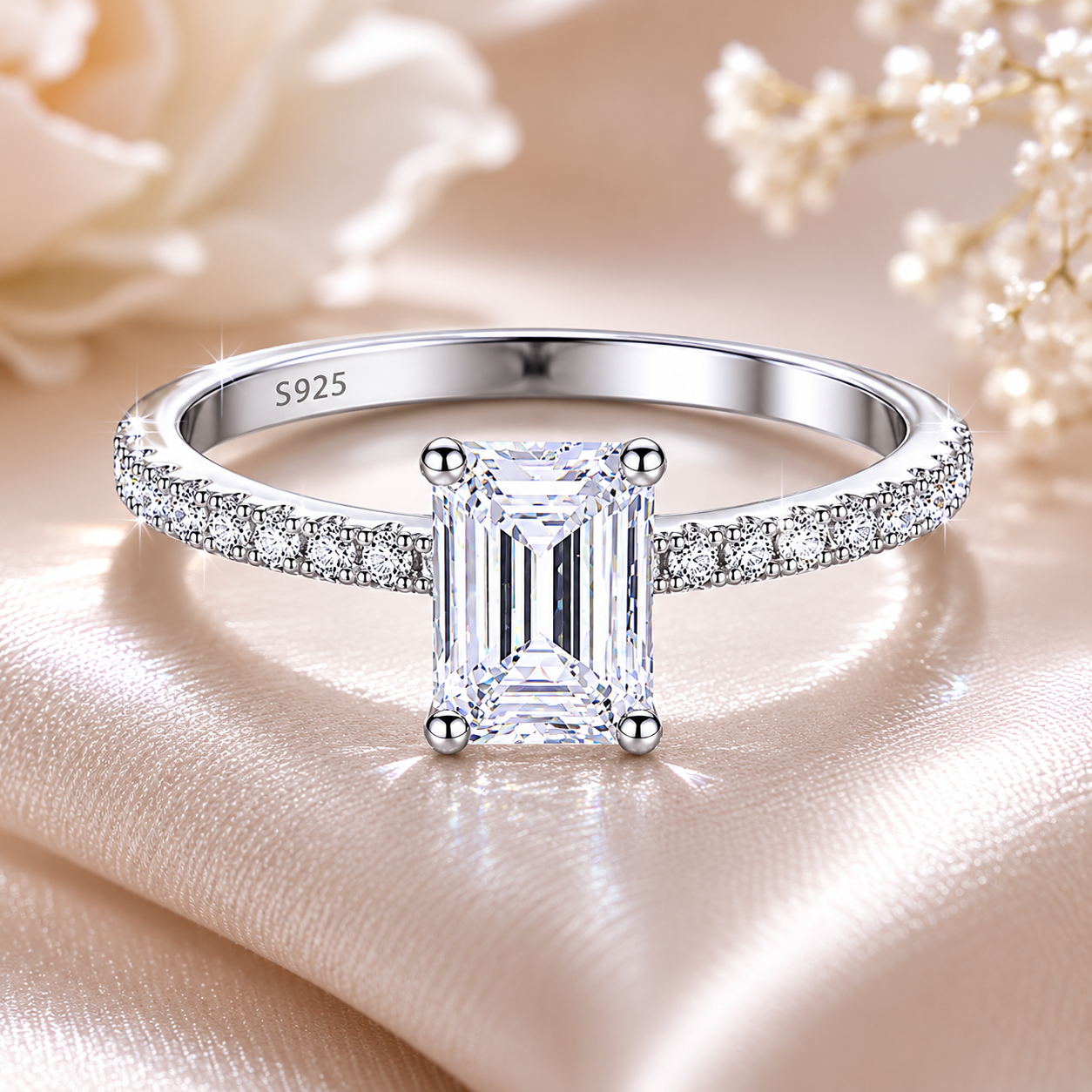 2 Carat Emerald Cut Moissanite Ring with Pavé Band