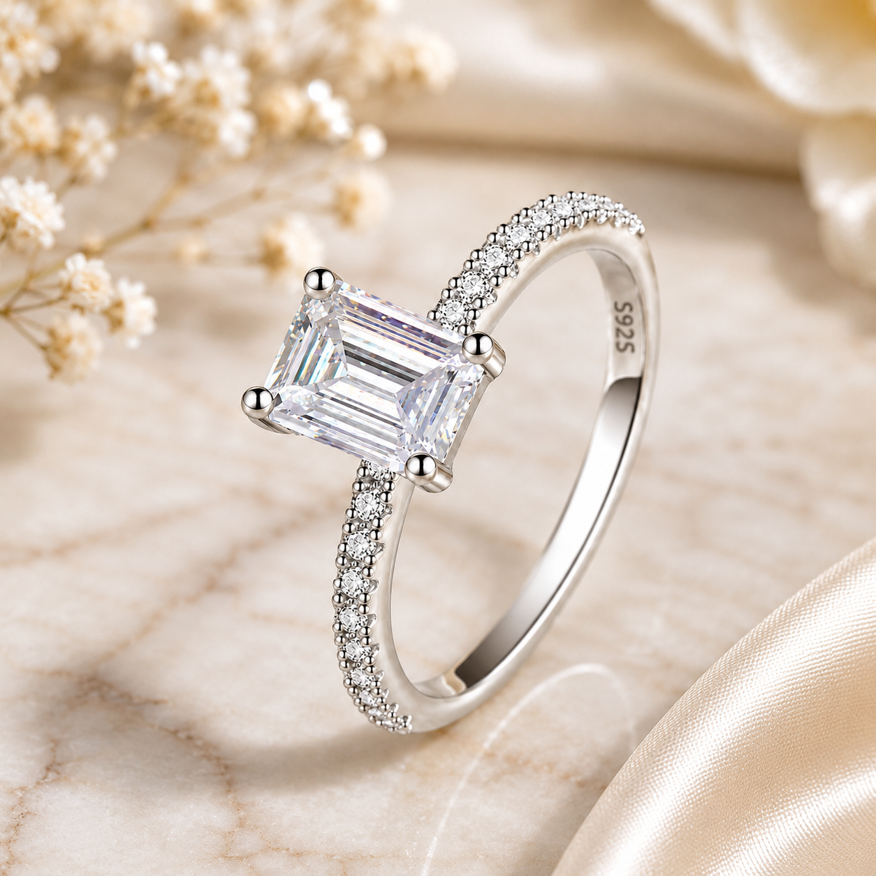 2 Carat Emerald Cut Moissanite Ring with Pavé Band