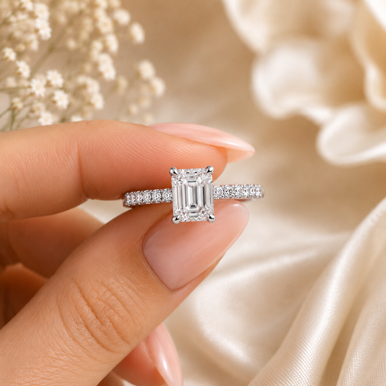 2 Carat Emerald Cut Moissanite Ring with Pavé Band
