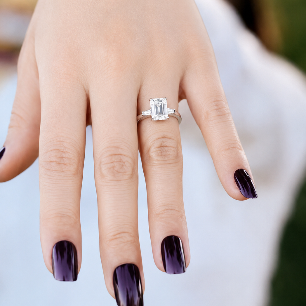 3 Carat Emerald Cut Moissanite Ring with Side Stones