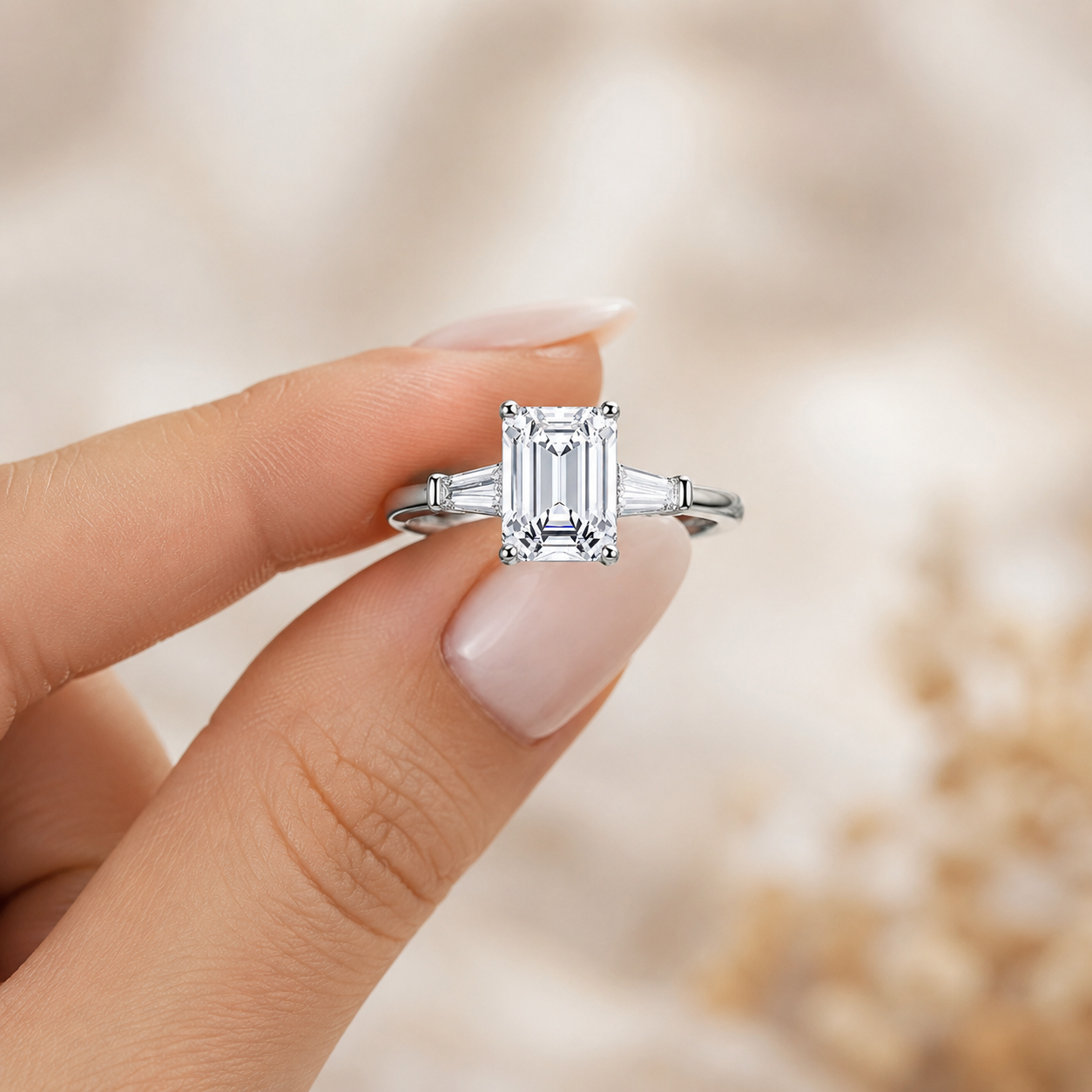 3 Carat Emerald Cut Moissanite Ring with Side Stones