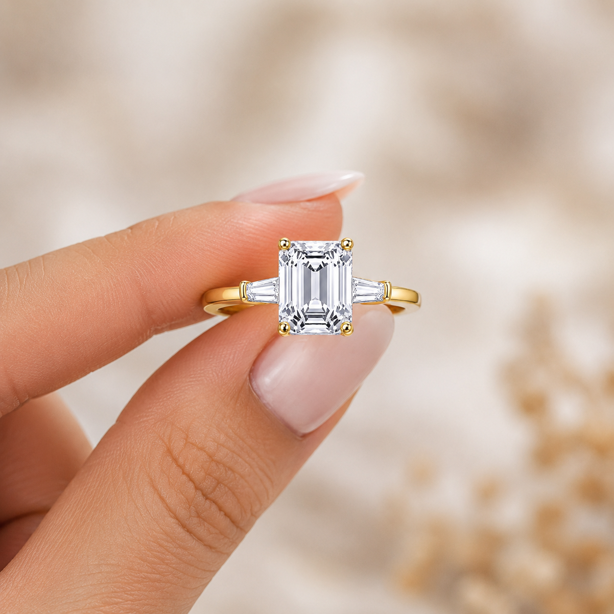 3 Carat Emerald Cut Moissanite Ring with Side Stones